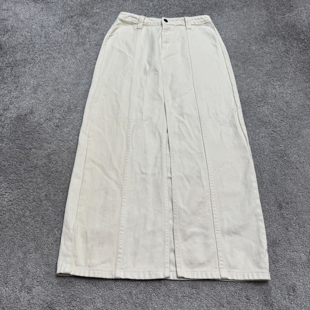 VICI Denim Maxi A-Line Skirt Women Medium Beige Front Slit High Rise Long Casual